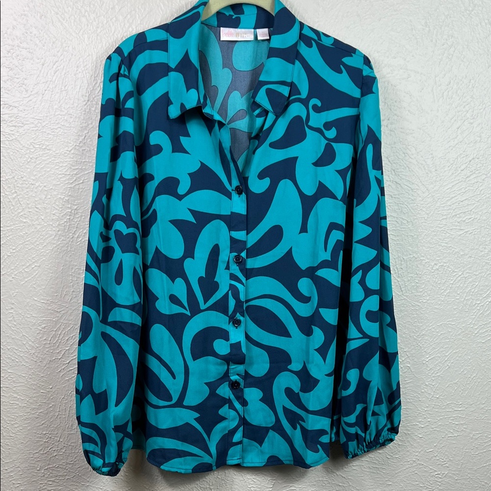 Belle Kim Gravel Modern Abstract Print Long Sleeve Teal Navy Blouse Large